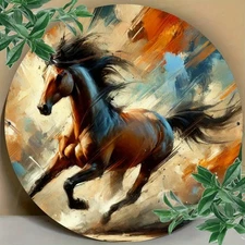2D Flat, 1pc 8x8 Inch Aluminum Galloping Horse Dust Cloud Design Round Metal Sig