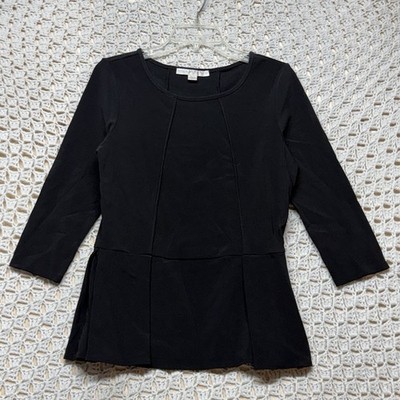 Boston Proper Top Shirt  Womens Sz M Black 3/4 Sleeve Peplum Blouse Cocktail