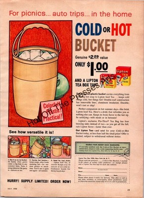 1958 Lipton Cold or Hot Bucket Mail-In Offer Ad   Retro Picnic Ice Bucket with
