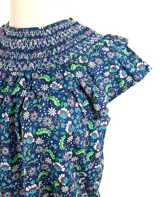 Loft Womens LG Blouse Top Blue Floral Smocked Ruffle 100% Cotton Flutter Sleeve 