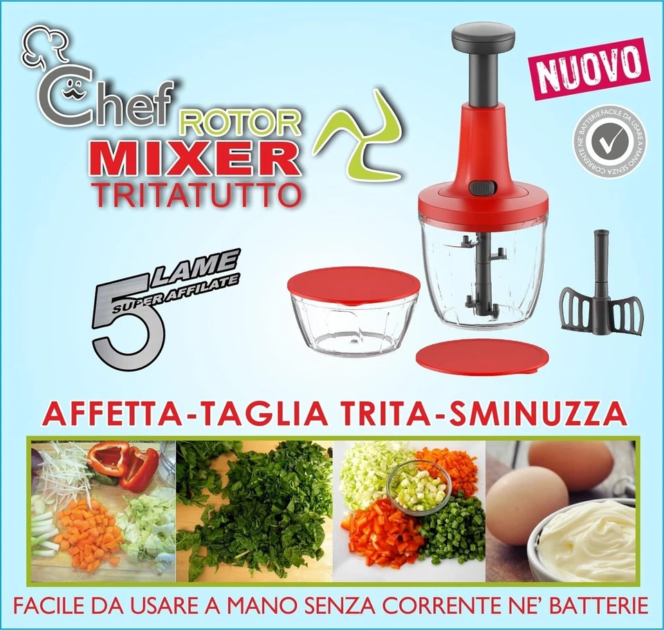 Mixer Tritatutto Manuale, 5 Lame acciaio Inox, Trita Verdure Manuale - Immagine 2 di 4