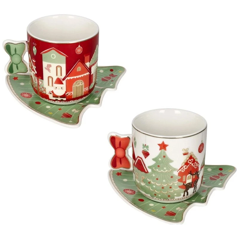 Set 2 Tazze Thé Tazzine Caffè Piattino Albero di Natale BRANDANI Villaggio Festa