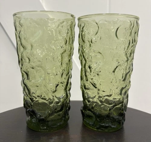 Vintage Anchor Hocking Textured Olive Green Glass Tumblers USA Made (2) MCM