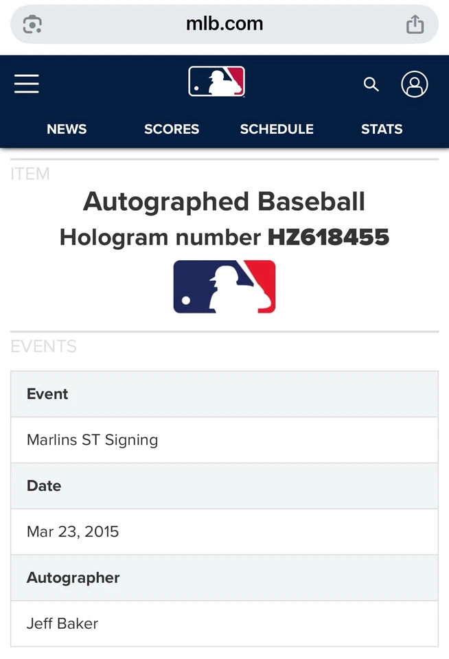 杰夫·贝克亲笔签名棒球盒-美国职棒大联盟全息图正品马林鱼队 — 第 2/4 张图片