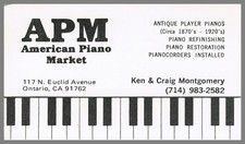 APM American Piano Market Ken Craig Montgomery Ontario CA Business Card Vintage