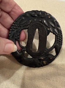 Antique Japanese Iron Edo Period Tsuba For Katana Samurai  Sword Sukashi Style