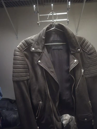 AllSaints Men's Black Shesrling Leather Bomber Jacket Spread Collar Pockets L - product listing photo