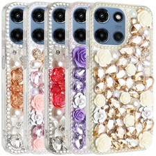 Funda para Motorola Moto G 2025/2026 Flor Rosa Completa Diamante Bling Piedras Cubierta