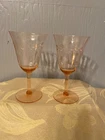 Pair Vtg Pink Depression Wine Glasses Panel Deco Era Etched Flowers Barware EUC