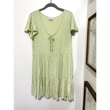 True Craft Green Floral Tier Babydoll Dress XL Short Sleeve Cottagecore Viscose