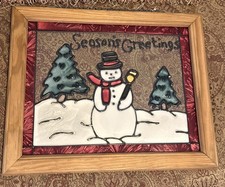 Painted Glass Picture Made To Look Like Stained Glass Snowmen Winter 12.5 x16