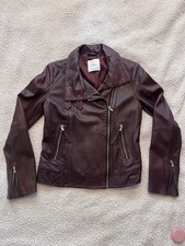 Mango MNG Women’s Genuine Leather Biker Moto Jacket, Sz  Small, Maroon Burgundy 