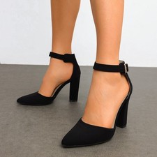 Women Pointed Toe Ankle Straps Chunky High Heels Dress Pumps Wedding Party Pumps