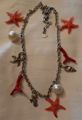 RARE Russian Artist Etalon Jenavi Sea Life Necklace Faux Coral Pearls Star Fish 