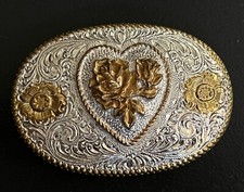 Crumine Gold Silver Tone El Arturo Rose Swirl Heart Engraved Belt Buckle