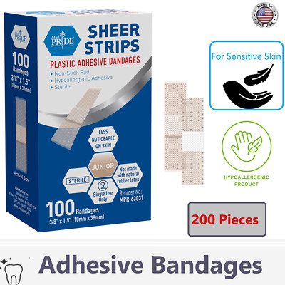 200 x Sheer Fabric Strip Bandages Sterile Bandage for Sensitive Skin, Latex Free