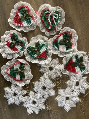 Vtg Folk Art Xmas Ornaments Mesh Yarn Star Snowflakes Hearts Handcrafted 80's