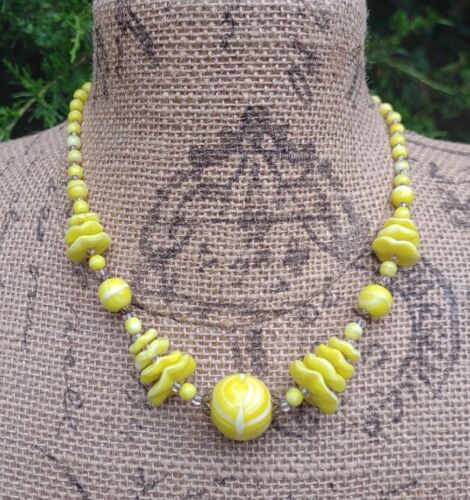 Vintage Czech Glass Yellow White Swirls Necklace