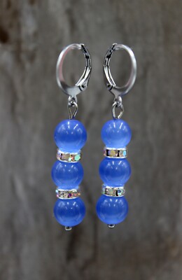 Earrings Pearl Cateye Blue Rhinestone Roundel Ladies Elegant #C046