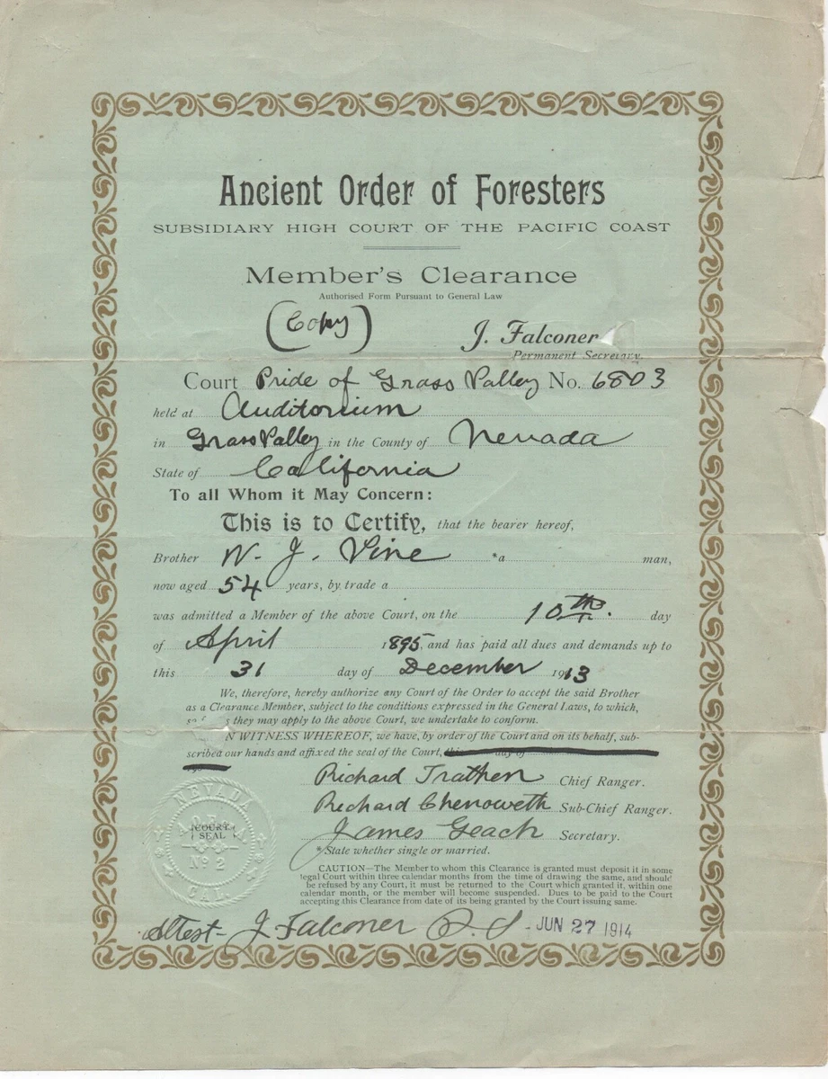 1914 Membership Certificate from the Ancient Order of Foresters Grass Valley  CA | eBay