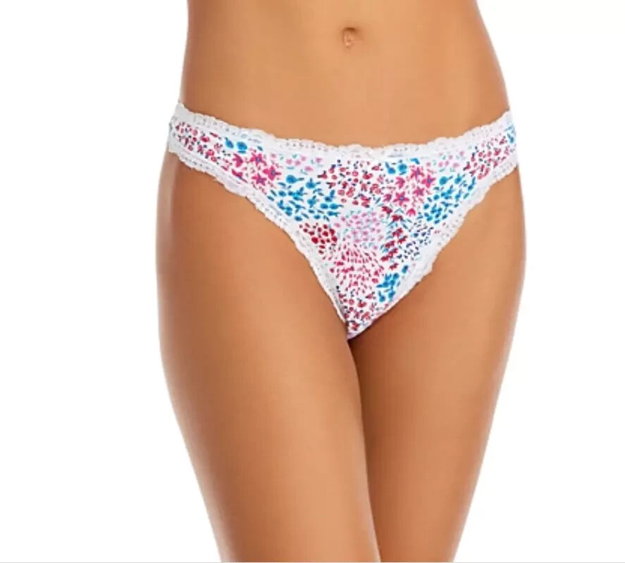 Трусики-стринги Aqua Intimates с кружевной отделкой из хлопка, белые с цветочным рисунком, Средний размер