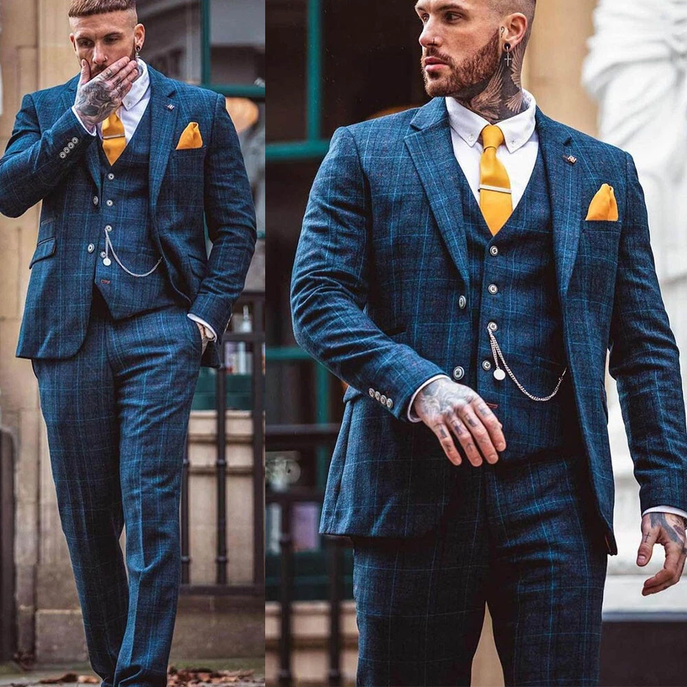 Plaid Men Suits 3 Piece Slim Fit Winter Blazer Pants Groom Wedding Formal Tuxedo