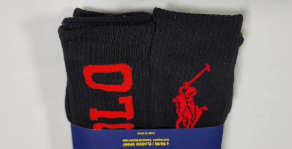 Polo Mens Ralph Lauren - 6 Pair  Crew Socks Classic Sport Black Red Size  6-12.5 - Image 2 of 4