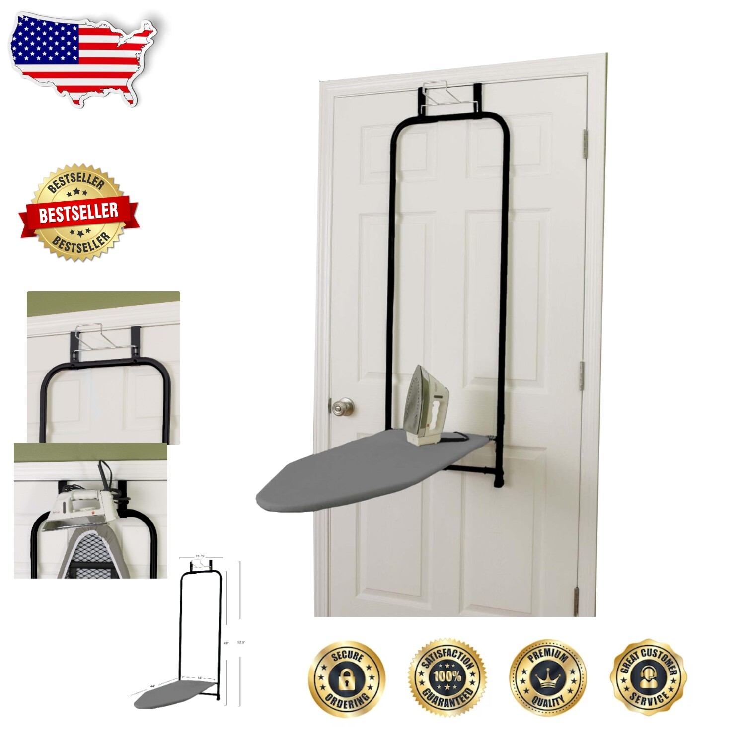 Matte Black Compact Over-The-Door Ironing Board - Ideal for Small Spaces-image