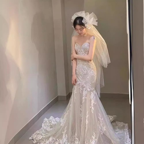 Weiß/Elfenbein Meerjungfrau Brautkleider Trägerlos Spitze Appliques Brautkleid - Bild 5 von 18