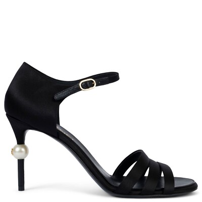 靴 CHANEL Canvas black heel sandls 70203 auth CHANEL black satin 2022 22K PEARL HEEL Sandals