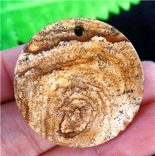 30x3mm Natural Brown Picture Jasper Slice Round Pendant Bead EA79267