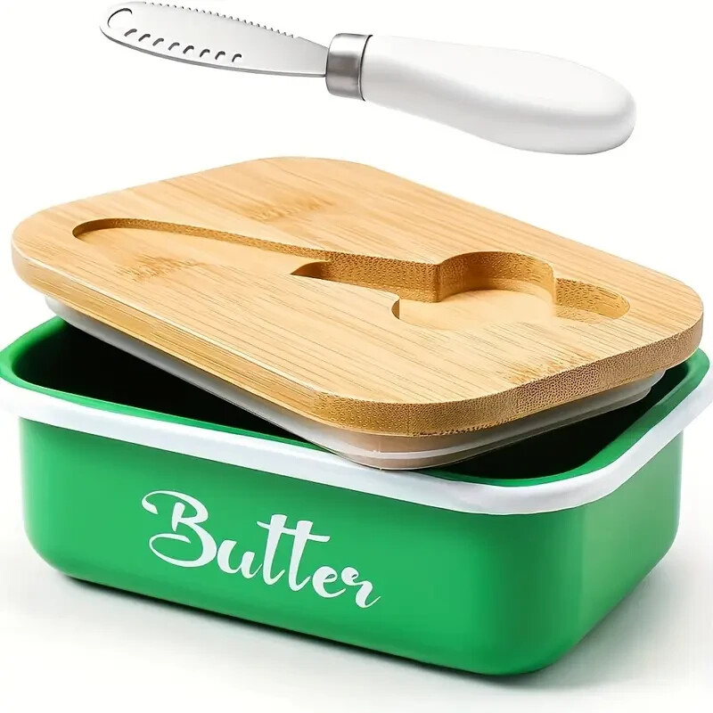Green Butter Dish with Lid & Curler Knife  Metal Keeper + Silicone Sealing