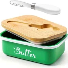 Green Butter Dish with Lid & Curler Knife  Metal Keeper + Silicone Sealing