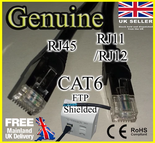 2M - RJ11/RJ12 to RJ45 - Cat6 BT Infinity Broadband - FTP Shielded Black cable