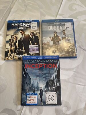 New Sealed Blu-Ray/DVD 3 Movie Pack - Inception, Hangover III, Due Date - Nice!