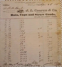 1884 J L Cooper & Co Hats Caps & Straw Billhead Receipt Pittsburgh PA