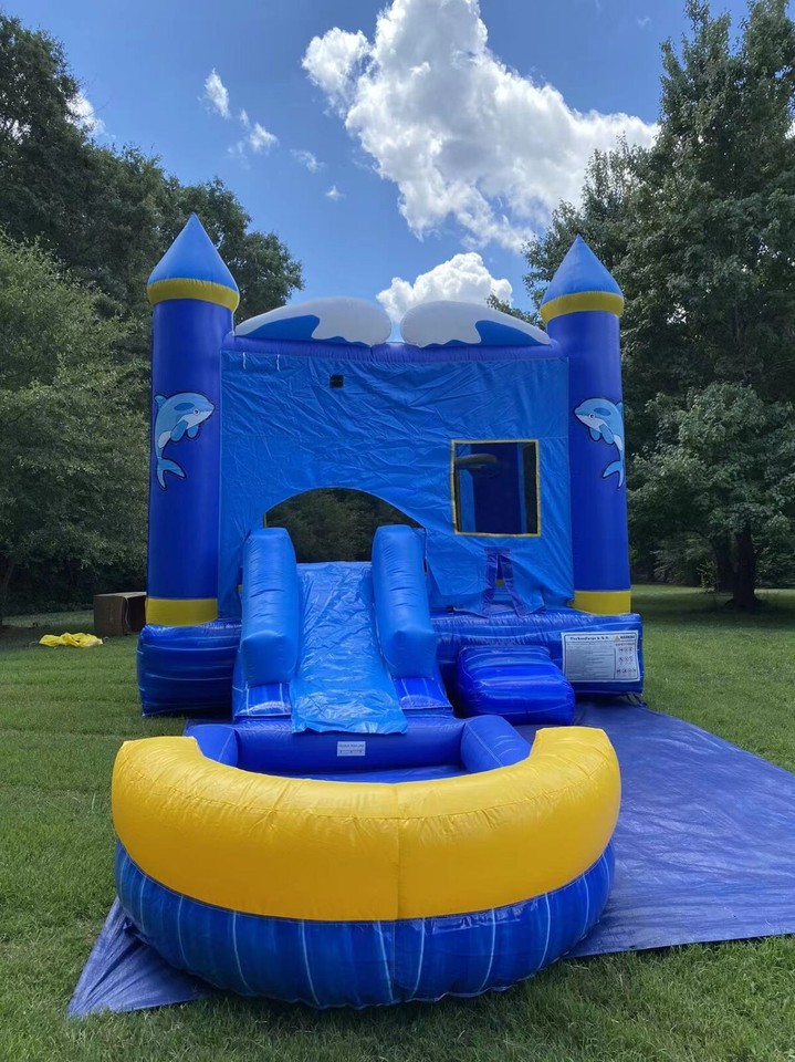Commercial Inflatable Marble Dolphin Bounce House Combo Slide Pool ...