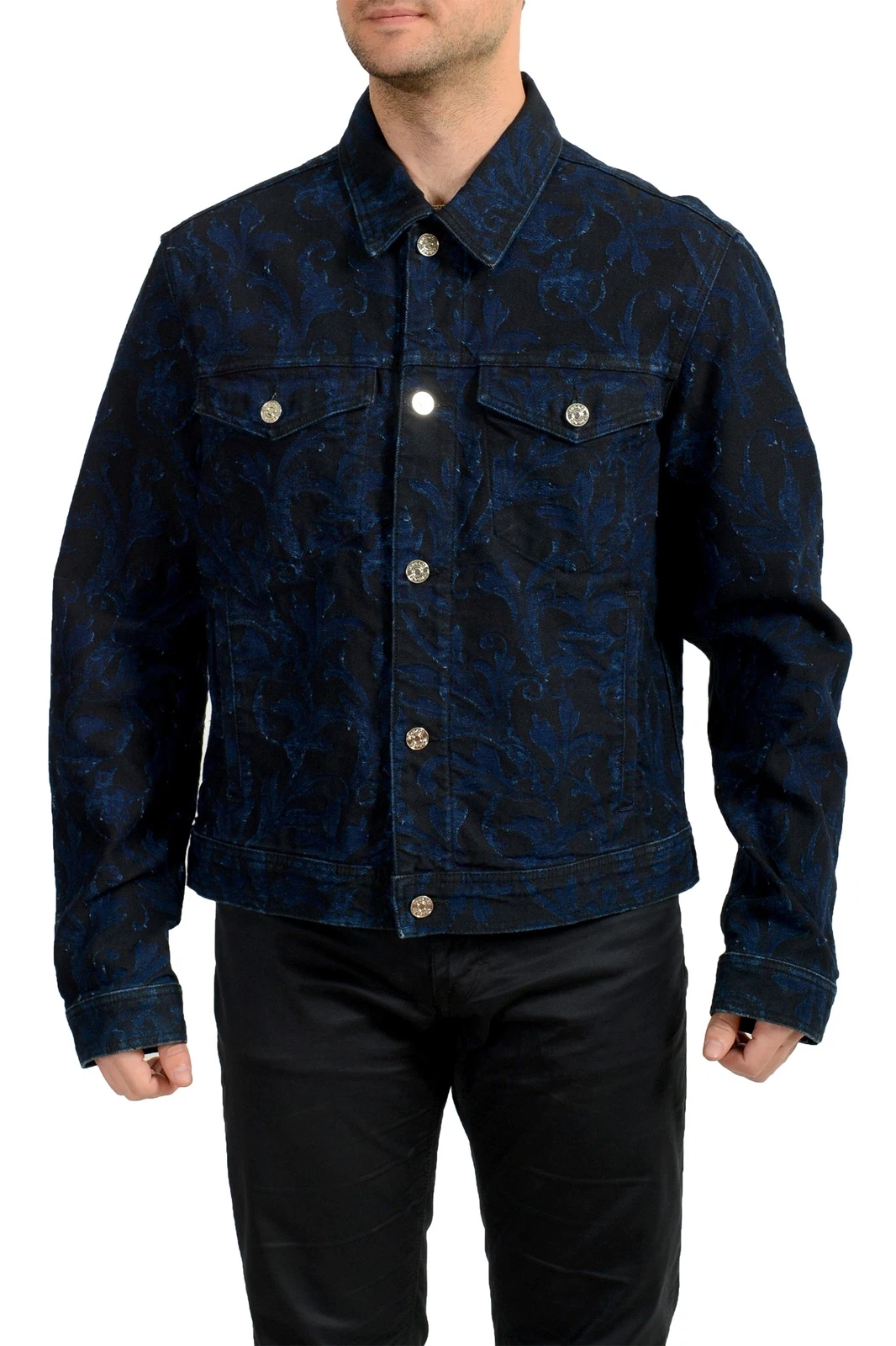 Giacca Abbottonata Versace Uomo Blu Barocco Jacquard Denim US 2XL IT 56