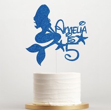 Personalised Mermaid Cake Topper, Custom Name & Age, Glitter Birthday Decor