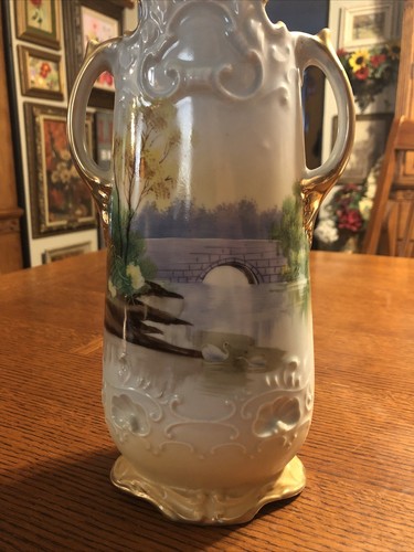 Vintage Nippon handbemalt gold getrimmt Keramik Porzellan Vase mit Landschaft - Bild 4 von 11
