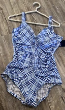 NWT Gabar Women’s Blue Plaid & Checked Low Back Lined Front 1 Piece Swimsuit 12