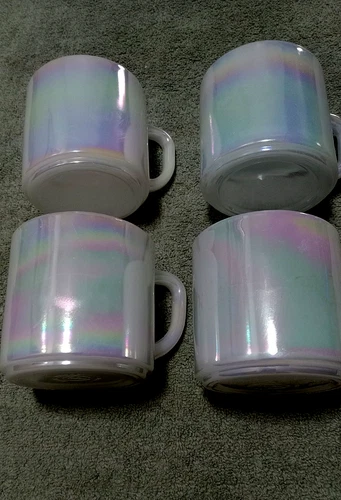 Set Of 4 Vintage Mugs Federal Glass Cups Moon Glow Iridescent Aurora D Handle