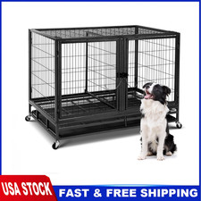   48" Heavy Duty Dog Crate, Large Metal Dog Kennel w/ Divider, 2 Door Pet Cage