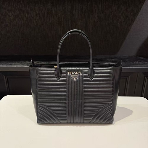 Prada Black Diagram Quilted Calfskin Tote Handbag Gold Hardware AUTH