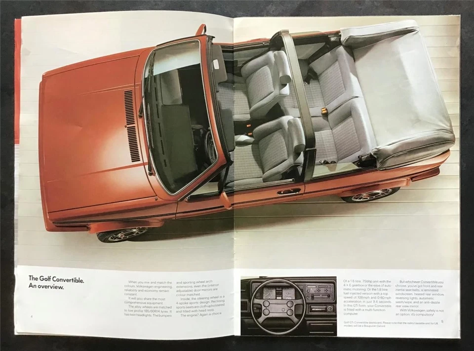 VOLKSWAGEN VW GOLF CONVERTIBLE QUARTET Car Sales Brochure 1987 #620/1190.29.96 - Image 3 of 3