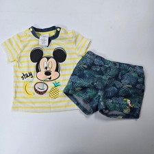 Disney Mickey Mouse Outfit Set Boys 12-18M Yellow Blue Tropical Shorts Summer