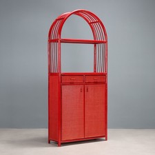 Mobile Libreria Vintage Bambù Rosso Vimini Vetro Design Anni '80 Originale