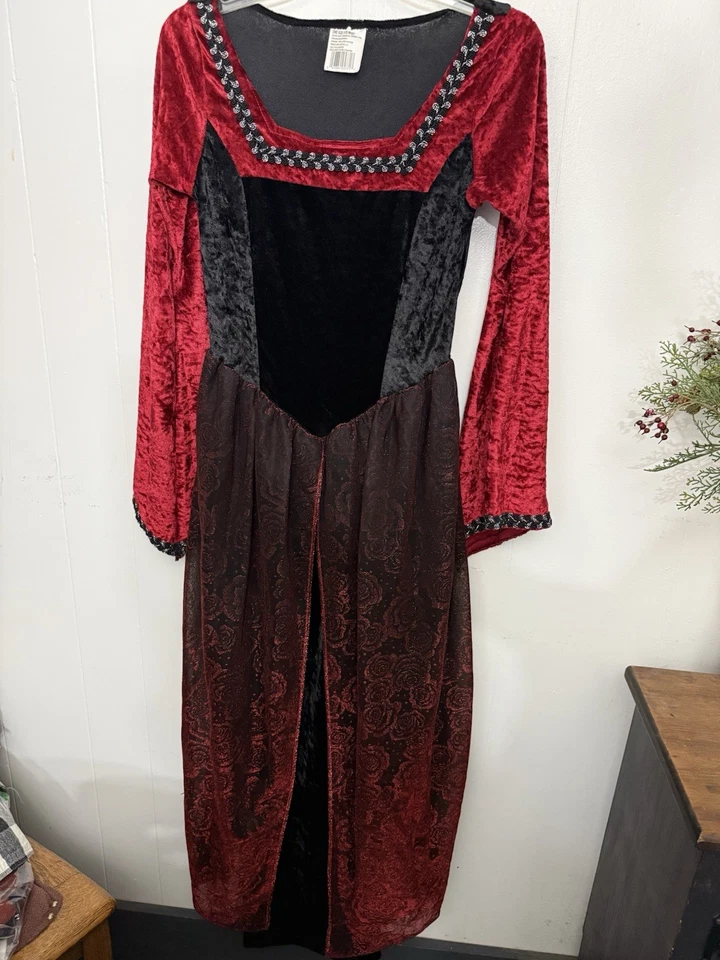 中世纪文艺复兴 S M L 丝绒红色和黑色长裙  — 第 2/4 张图片