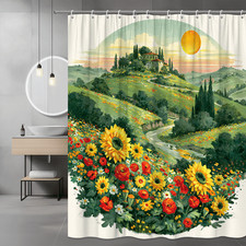 Sunflower Floral Landscape Shower Curtain, Cottage Hill Sunset Art