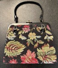 Vintage Floral Tapestry Top Handle Purse Black Frame Handbag Classic Retro